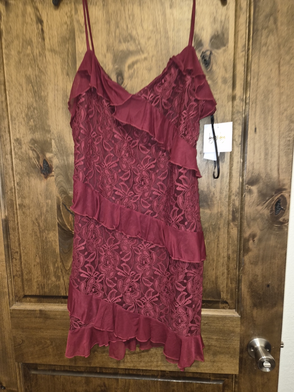 by & by Burgundy Lace Asymmetrical Ruffle Slip Dress